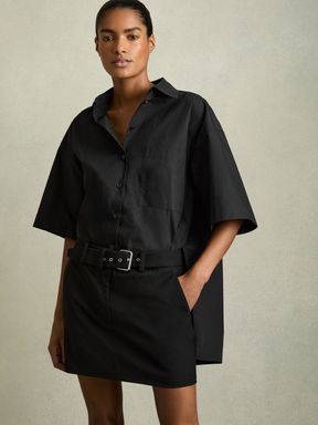 Black Reiss Alice Cotton Woven Belted Shirt Dress