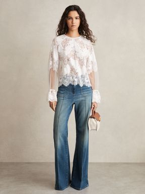 Ivory Reiss Emilia Lace Flared-Cuff Blouse