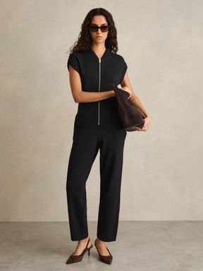 Black Reiss Nellie Cotton Knit Zip-Front Jumpsuit