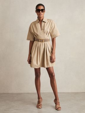 Neutral Reiss Rosalie Cotton Pleated Shirt Dress