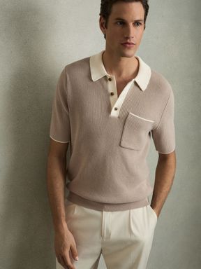 Taupe Brown/Off White Reiss Brinkley Cotton Polo Shirt with Buttons