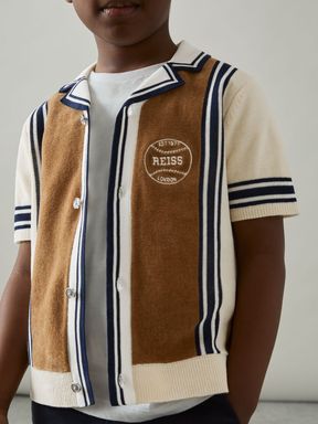 Tobacco Brown/ Off White Reiss Appling Cotton Colourblock Varsity Shirt