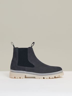 Dark Navy Reiss Garry Nubuck Leather Contrast-Sole Chelsea Boots
