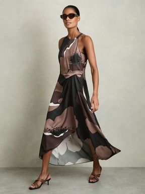Brown Reiss Michalie Satin Floral Tuck Midi Dress