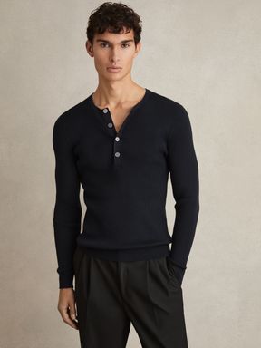 Navy Reiss Ashwell Rib Knit Henley Jumper