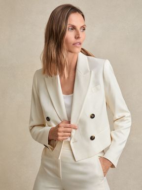 Cream Reiss Millie Double-Breasted Cropped Blazer