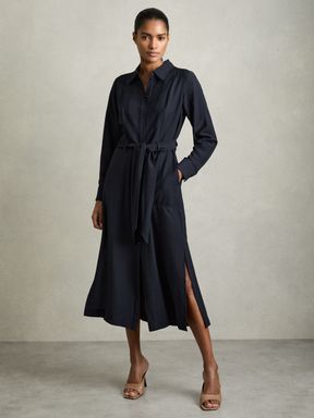 Navy Reiss Mabel Long-Sleeve Belted Midi Dress