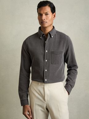 Washed Black Reiss Kittle Denim Piqué Button-Through Shirt