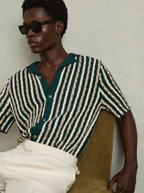 Green Reiss Roulette Textured Knit Cuban Collar Shirt