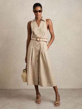 Neutral Reiss Annie Linen Belted Sleeveless Midi Dress