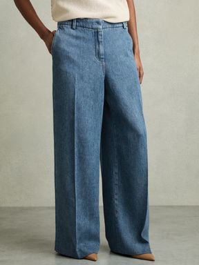 Mid Blue Reiss Reed Denim-Look Wide-Leg Trousers