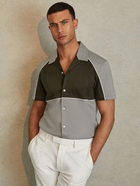 Sage Green Reiss Gino Mercerised Cotton Colourblock Cuban Collar Shirt