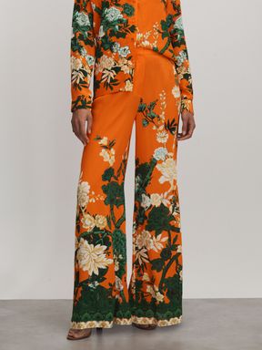 Orange Raishma Silk Printed Wide-Leg Trousers