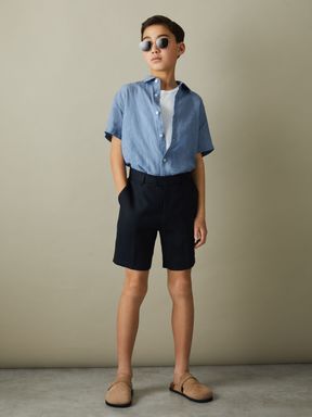 Sky Blue Reiss Holiday Linen Short-Sleeve Shirt