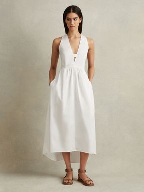 White Reiss Yana Cotton Blend High-Low Midi Dress