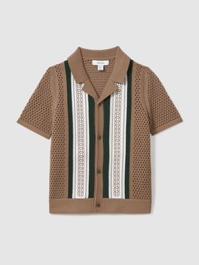 Camel/Green Reiss Jensen Embroidered Cuban Collar Shirt