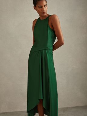 Green Reiss Micah Satin Drape Tuck Midi Dress
