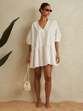White Reiss Hatty Cotton Puff Sleeve Resort Dress