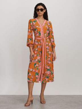 Orange Raishma Silk Belted Midi Dress