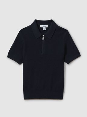 Navy Reiss Ivor Textured Half Zip Neck Polo Shirt