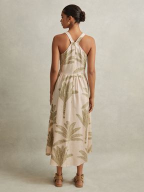 Neutral/Green Reiss Anna Linen Tropical Print Midi Dress
