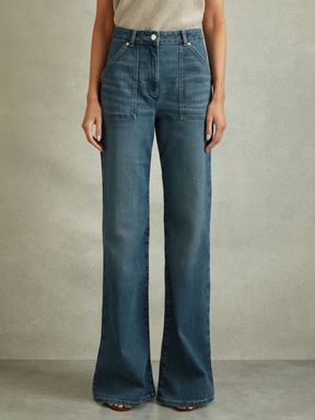 Mid Blue Reiss Delilah Mid Rise Flared Utility Jeans