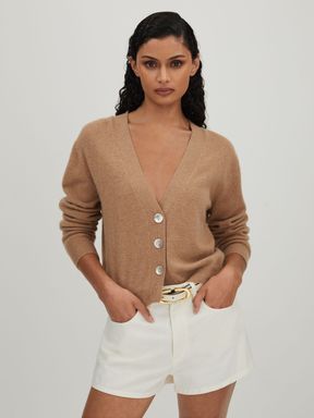 Soft Camel CRUSH Collection Cashmere Cardigan