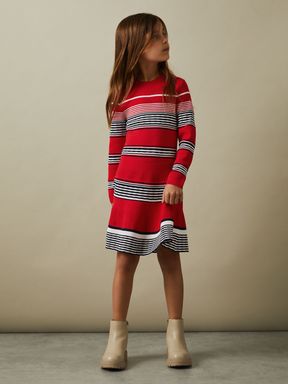 Red Reiss Remi Knitted Striped Skater Dress
