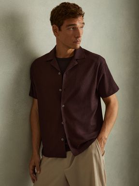 Bordeaux Reiss Hunt Textured Crepe Cuban Collar Shirt