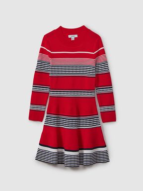 Red Reiss Remi Knitted Striped Skater Dress