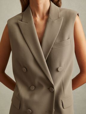 Khaki Reiss Madelyn Double Breasted Longline Suit Waistcoat