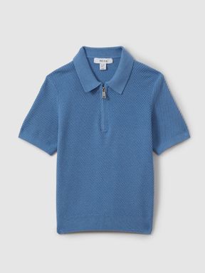 Blue Reiss Ivor Textured Half Zip Neck Polo Shirt