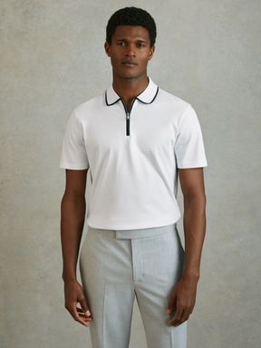 White/Navy Reiss Cannes Cotton Contrast Collar Half-Zip Polo Shirt