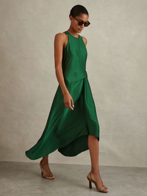 Green Reiss Micah Petite Satin Drape Tuck Midi Dress