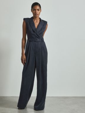 Navy Reiss Anabella Cupro Belted Tux Jumpsuit