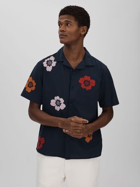 Navy Wax London Relaxed Cotton Linen Applique Shirt