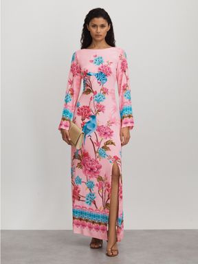 Pink Raishma Silk Long Sleeve Maxi Dress