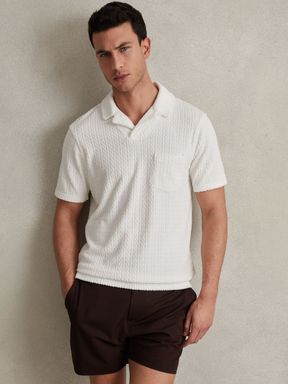 White Reiss Cuba Towelling Cable Knit Polo Shirt