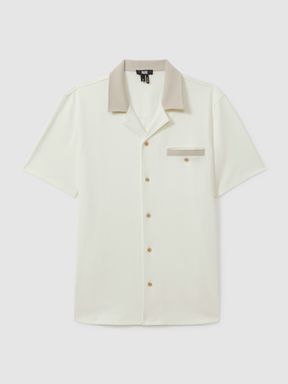 White Knitted Pique Cuban Collar Shirt