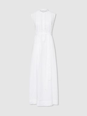 White Bondi Born Linen Belted Midi Dress