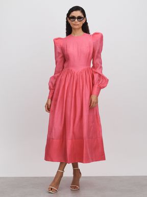 Watermelon Leo Lin Silk-Linen Bishop Sleeve Midi Dress