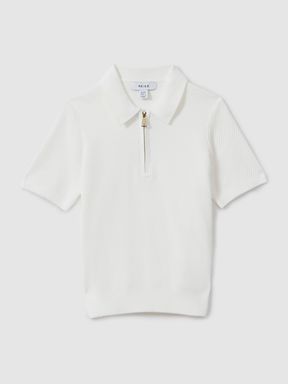 White Reiss Ivor Textured Half Zip Neck Polo Shirt
