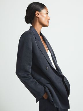 Navy Atelier Cupro Double Breasted Suit Blazer