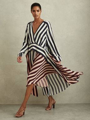 Navy/Off White Reiss Nola Colourblock Stripe Asymmetric Midi Dress