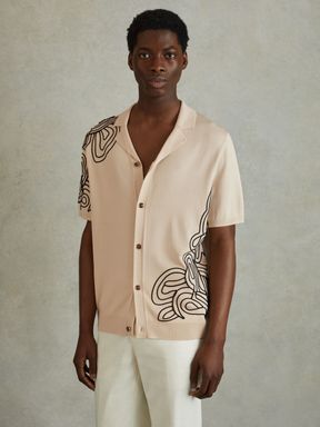 Cream Reiss Romance Jersey Embroidered Cuban Collar Shirt