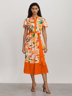 Orange Raishma Silk Floaty Sleeve Midi Dress