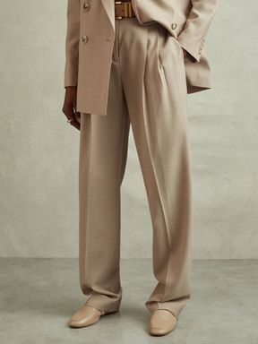 Neutral Reiss Sadie Wool Pleat Front Wide Leg Suit: Trousers