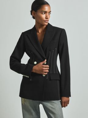 Black Reiss Honor Double Breasted Corset Stitch Blazer