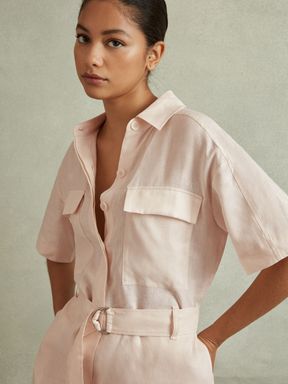Pink Reiss Selina Linen Belted Playsuit