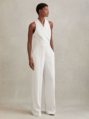 White Reiss Lainey Double Breasted Satin Tux Jumpsuit